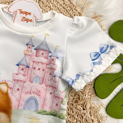 Vestido Doguinha com Castelo - Off White e Azul Bebê